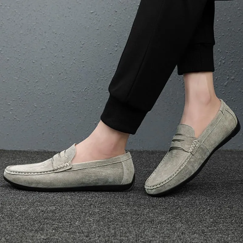 Mens Loafers Shoe Round Toe Suede Vamp Penny Loafers Slip Resistant Flat Heel Flexible Walking Outdoor Slip-ons