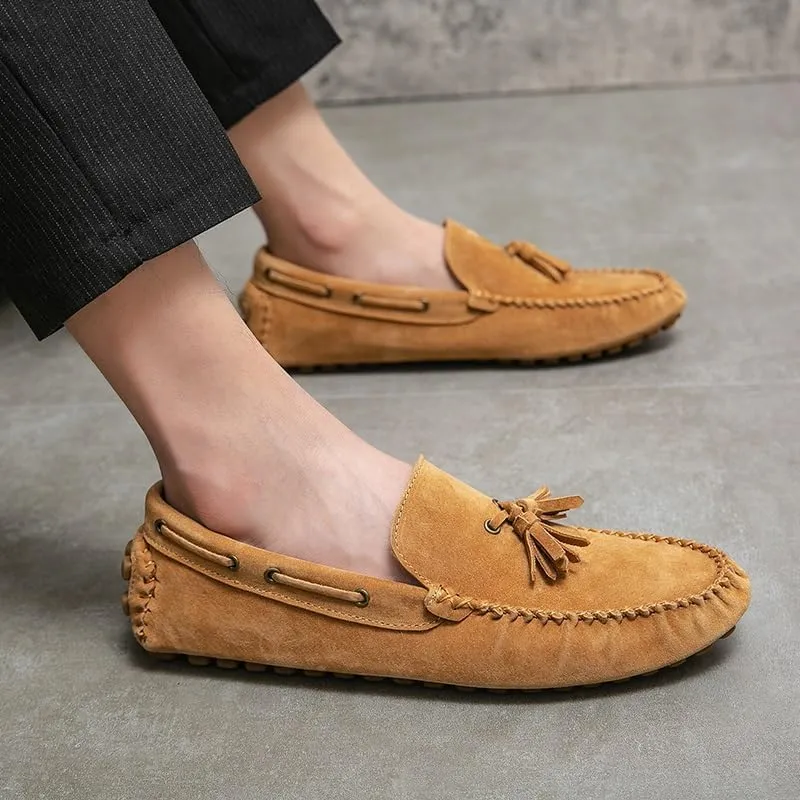 Mens Loafers Shoe Solid Color Round Toe Suede Vamp Tassel Driving Shoes Lightweight Anti-Slip Flexible Prom Outdoor Slip-ons