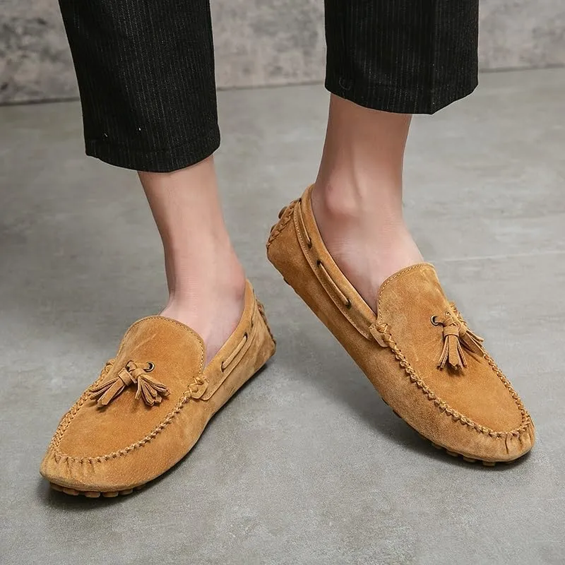 Mens Loafers Shoe Solid Color Round Toe Suede Vamp Tassel Driving Shoes Lightweight Anti-Slip Flexible Prom Outdoor Slip-ons