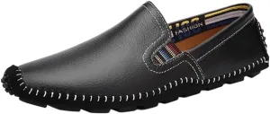 Mens Loafers Shoe Stitching Details Genuine Leather Elastic Side Flat Heel Flexible Lightweight Casual Slip-ons