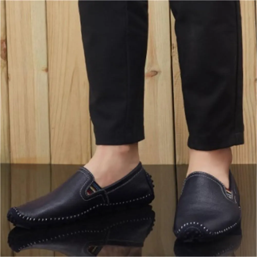 Mens Loafers Shoe Stitching Details Genuine Leather Elastic Side Flat Heel Flexible Lightweight Casual Slip-ons