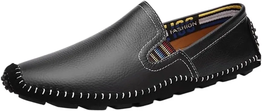 Mens Loafers Shoe Stitching Details Genuine Leather Elastic Side Flat Heel Flexible Lightweight Casual Slip-ons