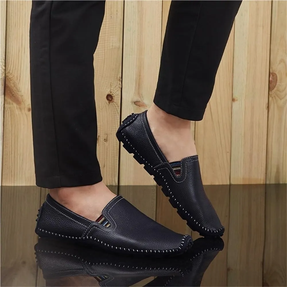 Mens Loafers Shoe Stitching Details Genuine Leather Elastic Side Flat Heel Flexible Lightweight Casual Slip-ons