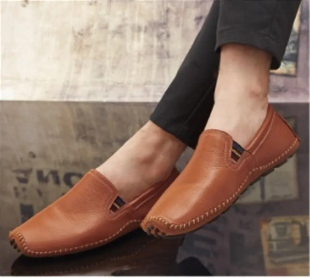Mens Loafers Shoe Stitching Details Genuine Leather Elastic Side Flat Heel Flexible Lightweight Casual Slip-ons