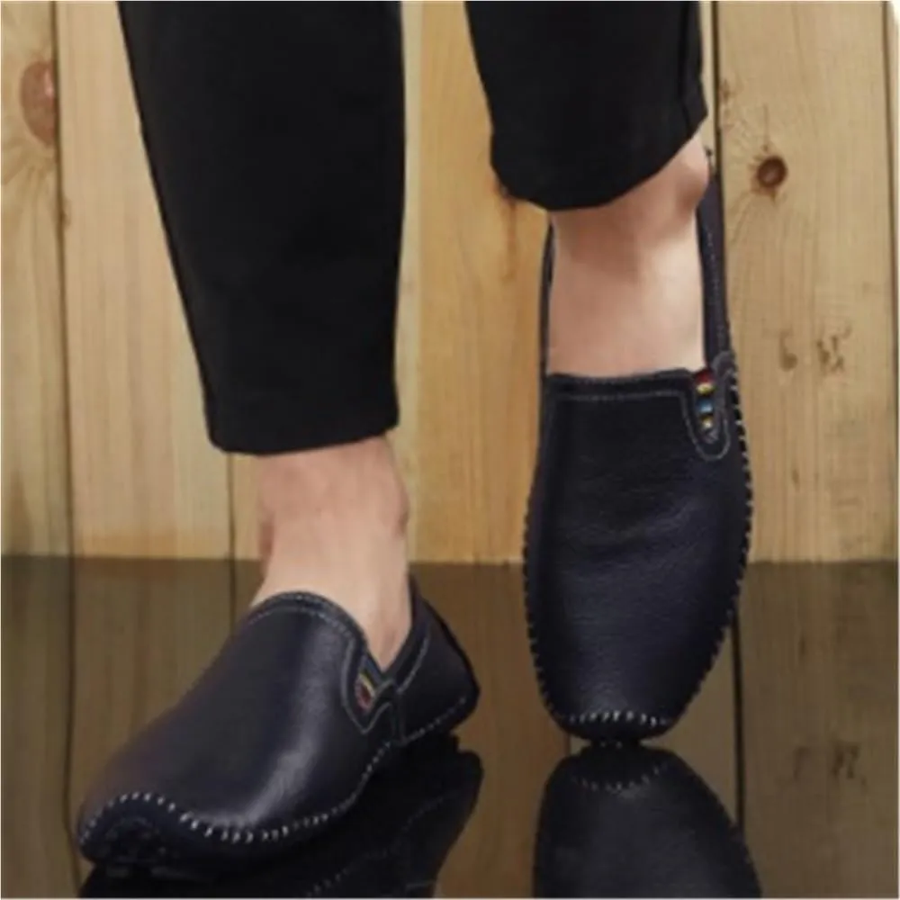 Mens Loafers Shoe Stitching Details Genuine Leather Elastic Side Flat Heel Flexible Lightweight Casual Slip-ons