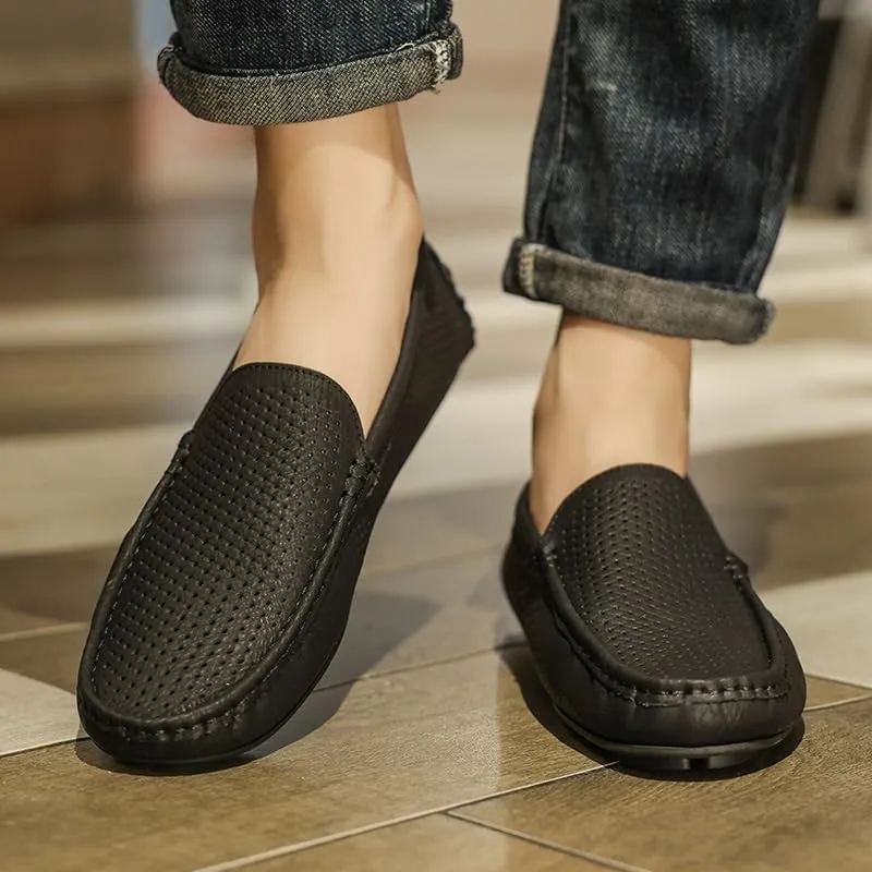 Men's Loafers Shoes Round Toe Breathable Perforated PU Leather Driving Style Loafer Comfortable Slip Resistant Flexible Prom Slip-ons