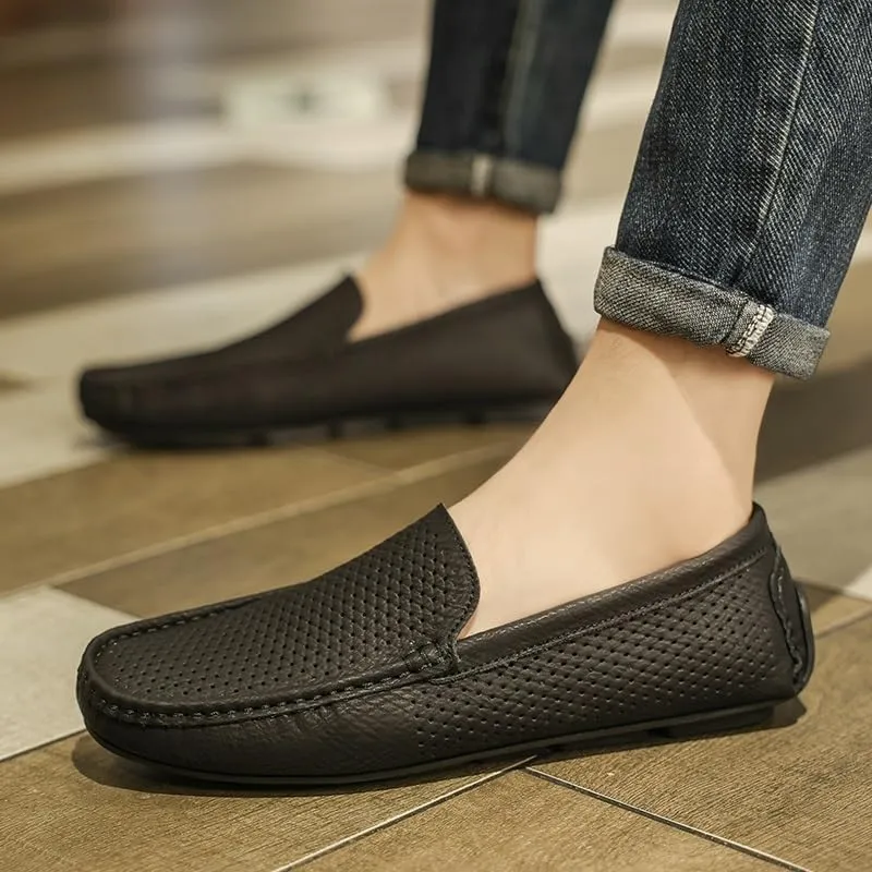 Men's Loafers Shoes Round Toe Breathable Perforated PU Leather Driving Style Loafer Comfortable Slip Resistant Flexible Prom Slip-ons