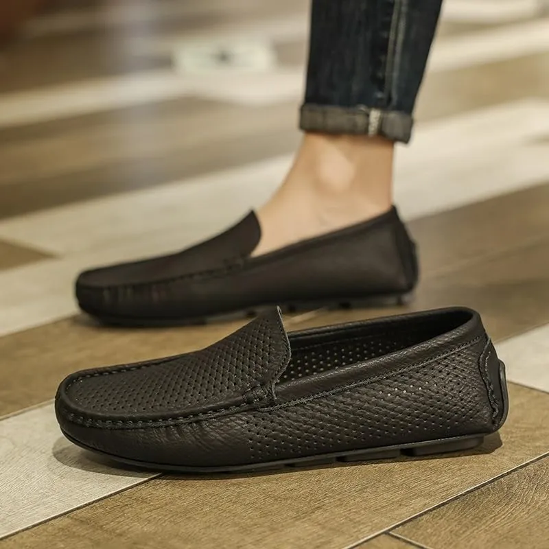 Men's Loafers Shoes Round Toe Breathable Perforated PU Leather Driving Style Loafer Comfortable Slip Resistant Flexible Prom Slip-ons