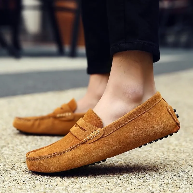Men's Loafers Shoes Square Toe Nubuck Leather Penny Driving Shoes Slip Resistant Flexible Anti-Slip Prom Slip-ons