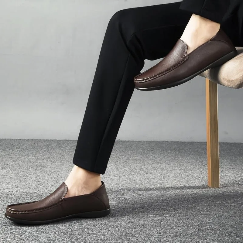 Men's Loafers Solid Color Round Toe Leather Loafer Shoes Flexible Flat Heel Lightweight Prom Wedding Slip-ons