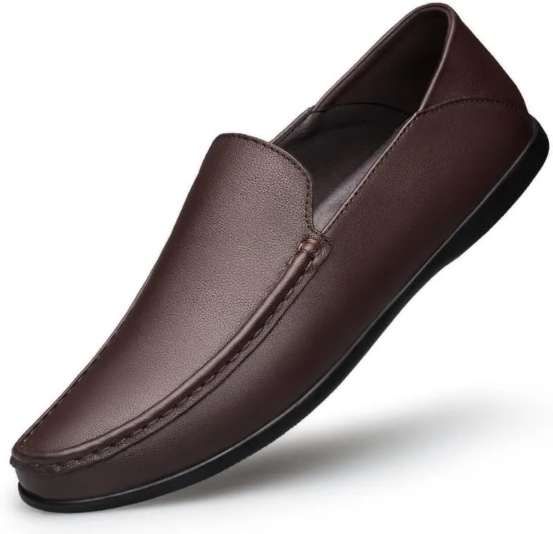 Men's Loafers Solid Color Round Toe Leather Loafer Shoes Flexible Flat Heel Lightweight Prom Wedding Slip-ons
