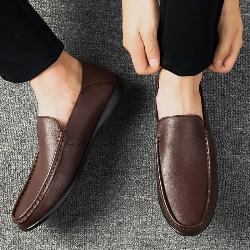 Men's Loafers Solid Color Round Toe Leather Loafer Shoes Flexible Flat Heel Lightweight Prom Wedding Slip-ons