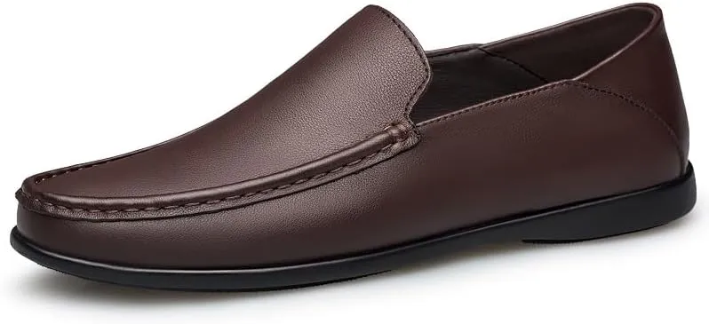 Men's Loafers Solid Color Round Toe Leather Loafer Shoes Flexible Flat Heel Lightweight Prom Wedding Slip-ons