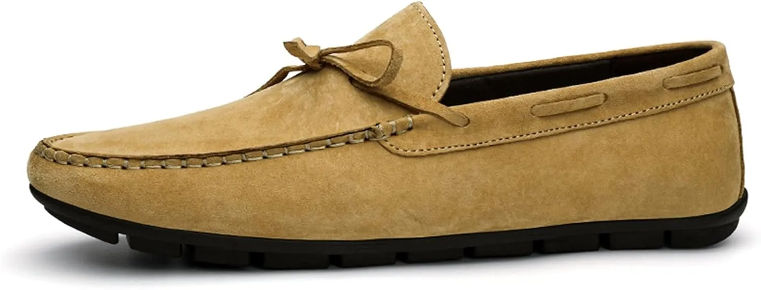 Mens Loafers Suede Bow-Knot Tassel Stitching Flexible Moccasins Shoes Flat Heel Comfortable Anti-Slip Party Slip-ons