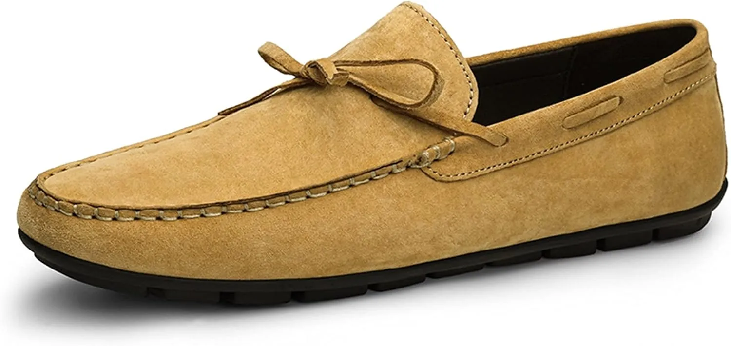 Mens Loafers Suede Bow-Knot Tassel Stitching Flexible Moccasins Shoes Flat Heel Comfortable Anti-Slip Party Slip-ons