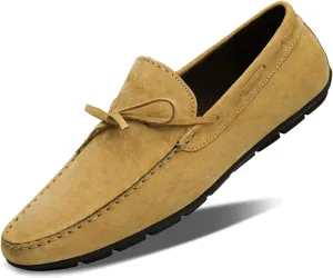 Mens Loafers Suede Bow-Knot Tassel Stitching Flexible Moccasins Shoes Flat Heel Comfortable Anti-Slip Party Slip-ons