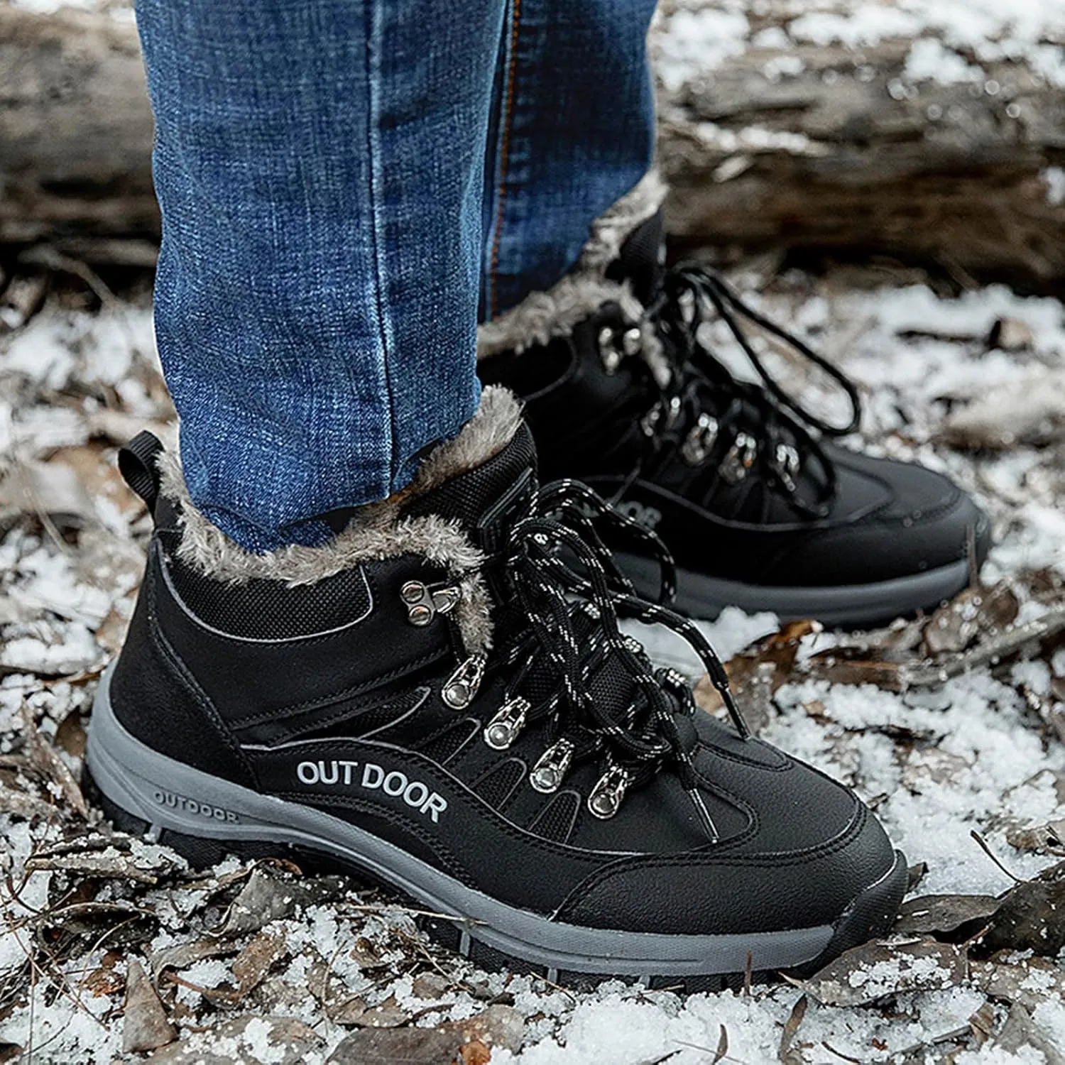 Men's Slip on Walking Shoes Winter Warm Faux Furry Lined Comfy PU Leather Snow Boots Memory Foam Breathable Mesh Fashion Sneakers Non Slip Travel Jogging Training Gym Shoes Wide Width