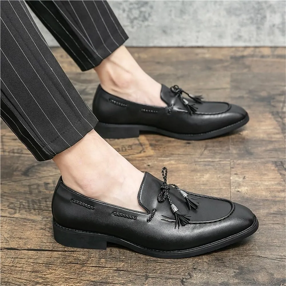 Mens Square Toe Loafers Leather Loafer Shoes Slip Resistant Flexible Flat Heel Wedding Casual Slip-ons