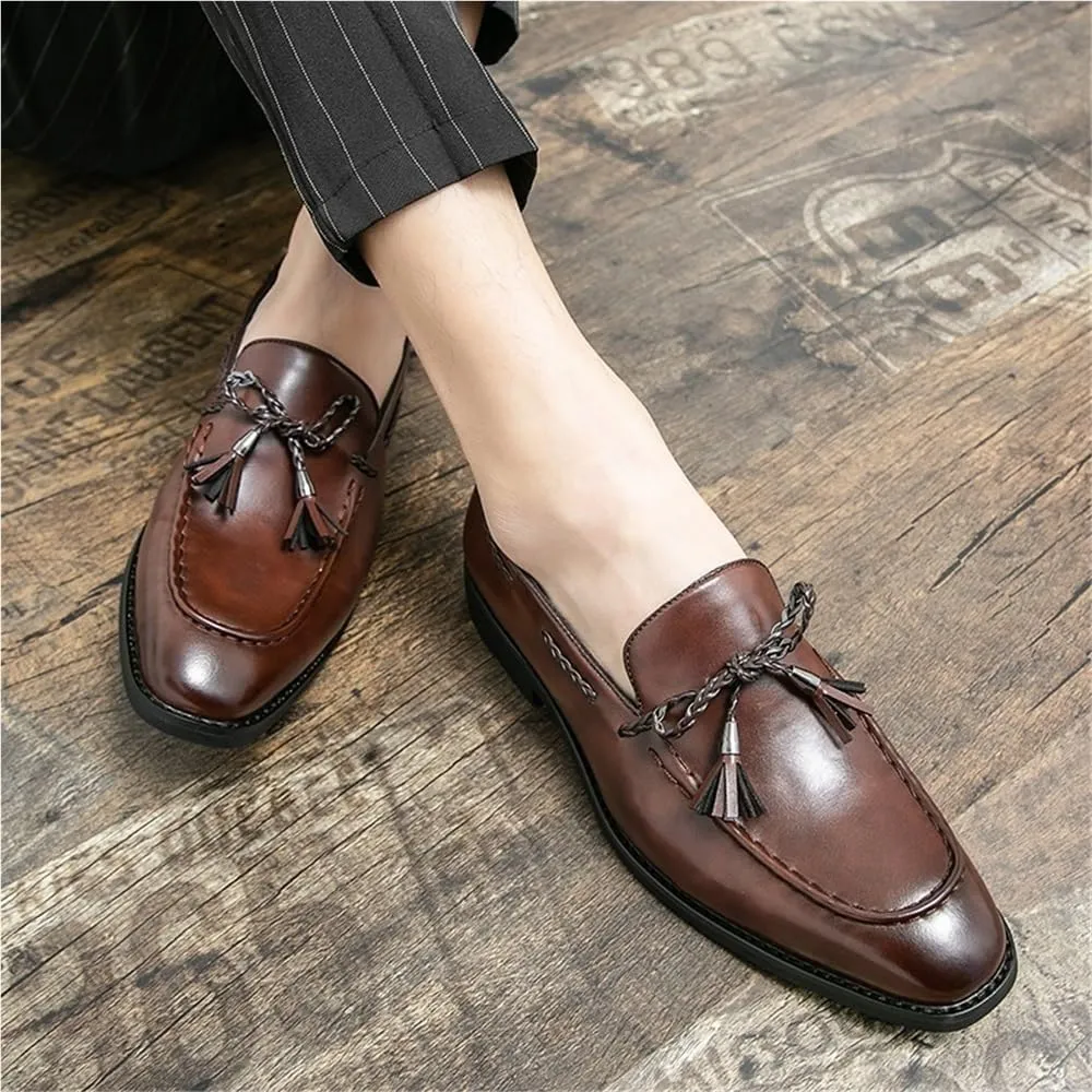 Mens Square Toe Loafers Leather Loafer Shoes Slip Resistant Flexible Flat Heel Wedding Casual Slip-ons