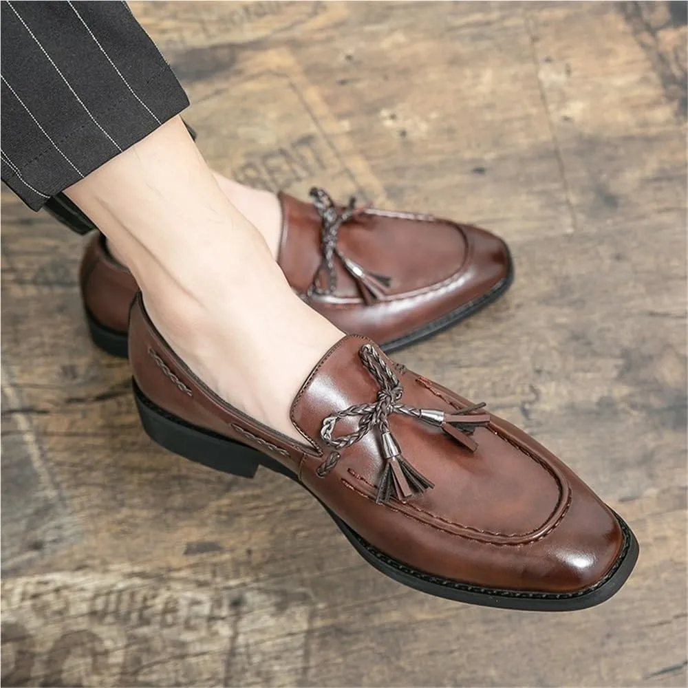 Mens Square Toe Loafers Leather Loafer Shoes Slip Resistant Flexible Flat Heel Wedding Casual Slip-ons