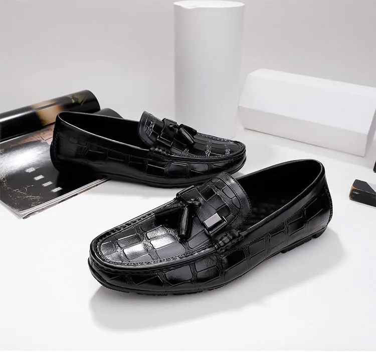 New Loafers for Men Solid Color Stone Pattern Tassel Driving Loafers Anti-Slip Comfortable Flexible Outdoor Slip-ons