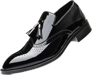 New Mens Loafers Pointed Toe Faux Leather Tassel Solid Color Wingtips Anti-Slip Flat Heel Flexible Wedding Party Slip-ons