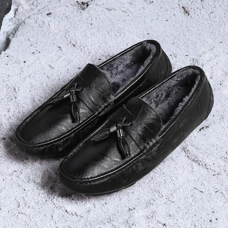 New Mens Loafers Round Toe Leather Faux Fur Lining Tassel Comfortable Flexible Slip Resistant Walking Wedding Slip-ons