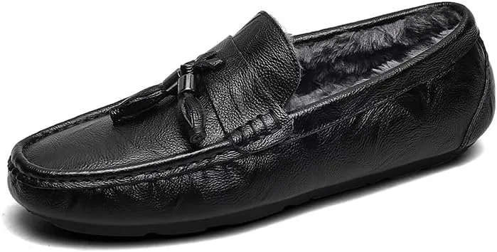 New Mens Loafers Round Toe Leather Faux Fur Lining Tassel Comfortable Flexible Slip Resistant Walking Wedding Slip-ons