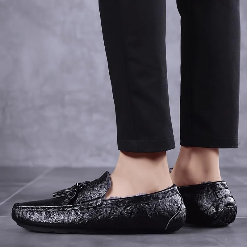 New Mens Loafers Round Toe Leather Faux Fur Lining Tassel Comfortable Flexible Slip Resistant Walking Wedding Slip-ons