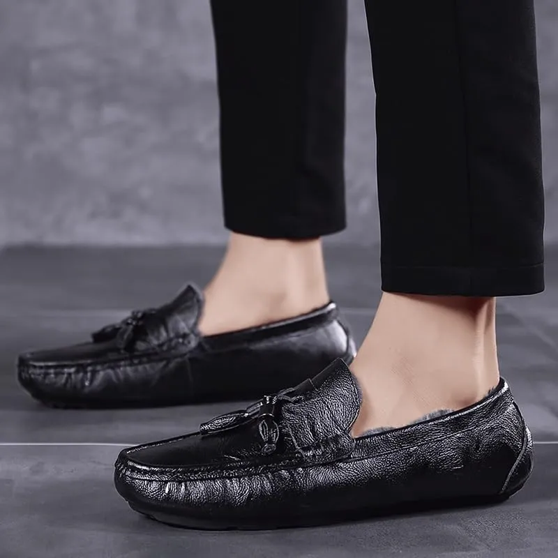 New Mens Loafers Round Toe Leather Faux Fur Lining Tassel Comfortable Flexible Slip Resistant Walking Wedding Slip-ons