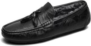 New Mens Loafers Round Toe Leather Faux Fur Lining Tassel Comfortable Flexible Slip Resistant Walking Wedding Slip-ons