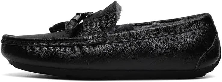 New Mens Loafers Round Toe Leather Faux Fur Lining Tassel Comfortable Flexible Slip Resistant Walking Wedding Slip-ons