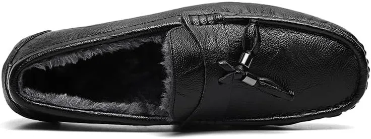 New Mens Loafers Round Toe Leather Faux Fur Lining Tassel Comfortable Flexible Slip Resistant Walking Wedding Slip-ons
