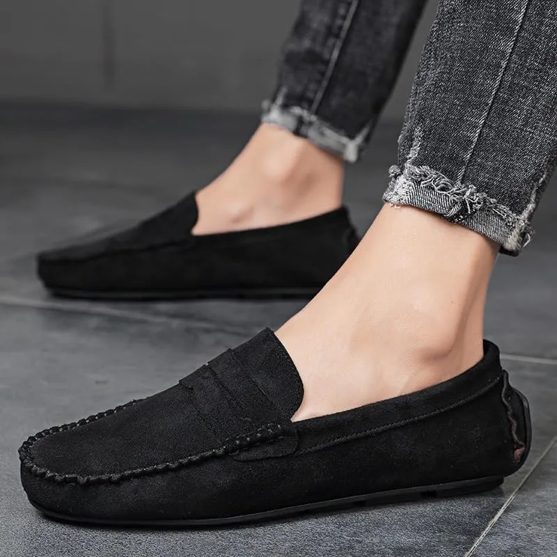New Mens Loafers Round Toe Suede Vamp Penny Driving Loafers Flat Heel Anti-Slip Flexible Outdoor Slip-ons