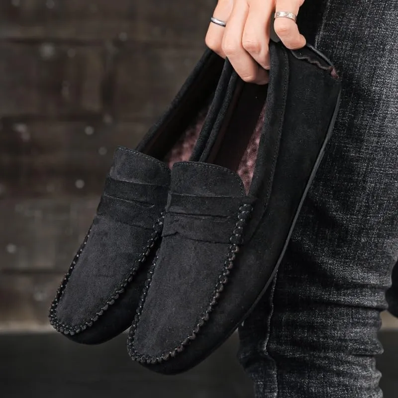New Mens Loafers Round Toe Suede Vamp Penny Driving Loafers Flat Heel Anti-Slip Flexible Outdoor Slip-ons