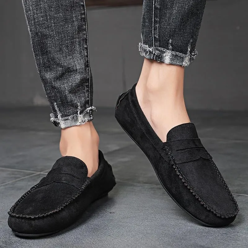 New Mens Loafers Round Toe Suede Vamp Penny Driving Loafers Flat Heel Anti-Slip Flexible Outdoor Slip-ons