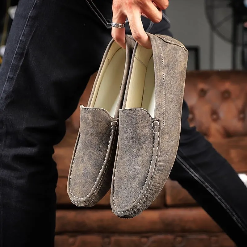 New Men's Loafers Shoes Round Toe Leather Driving Style Loafer Slip Resistant Flexible Flat Heel Walking Casual Slip-ons
