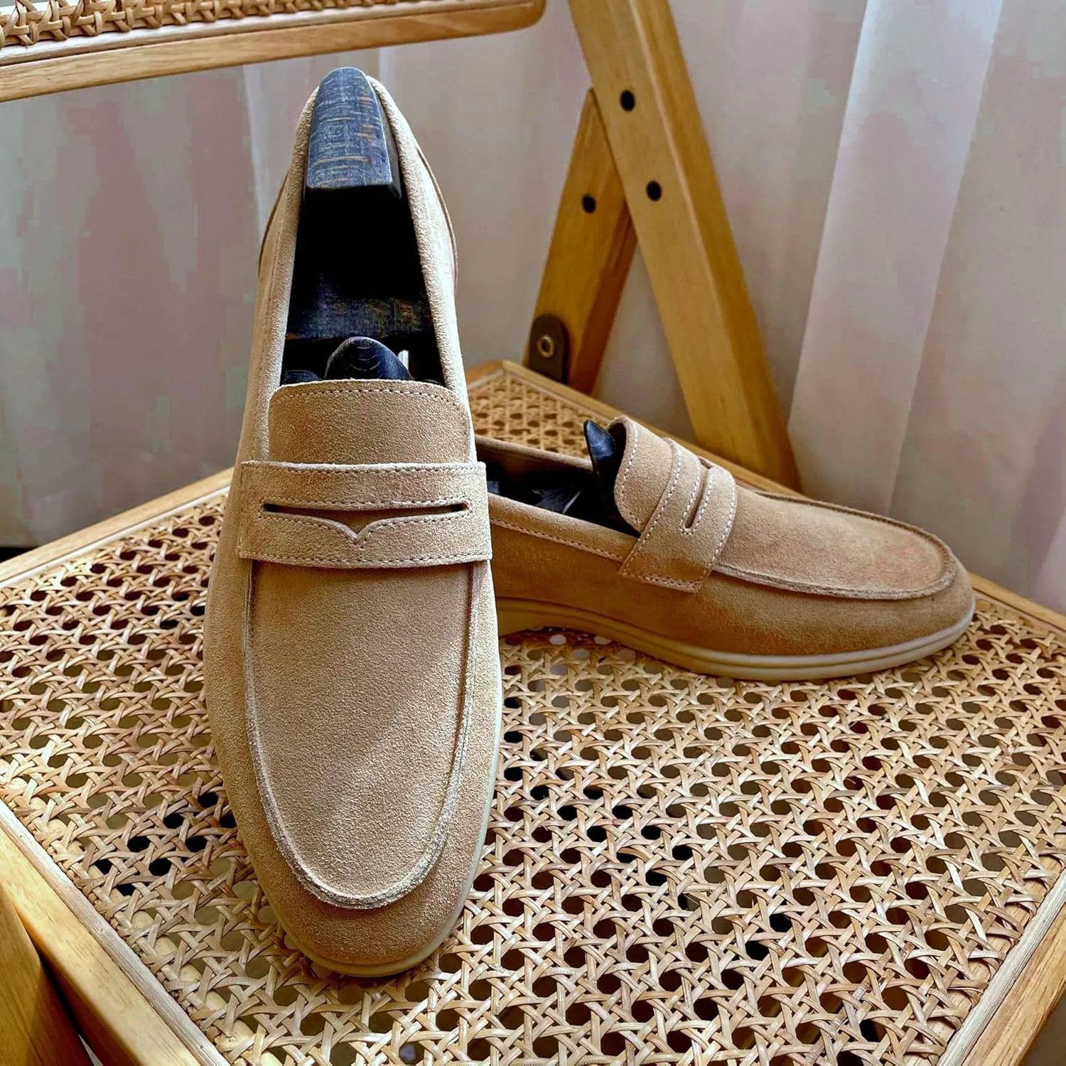 New Men's Loafers Shoes Suede Genuine Leather Apron Toe Penny Loafers Comfortable Flat Heel Flexible Casual Prom Slip-ons