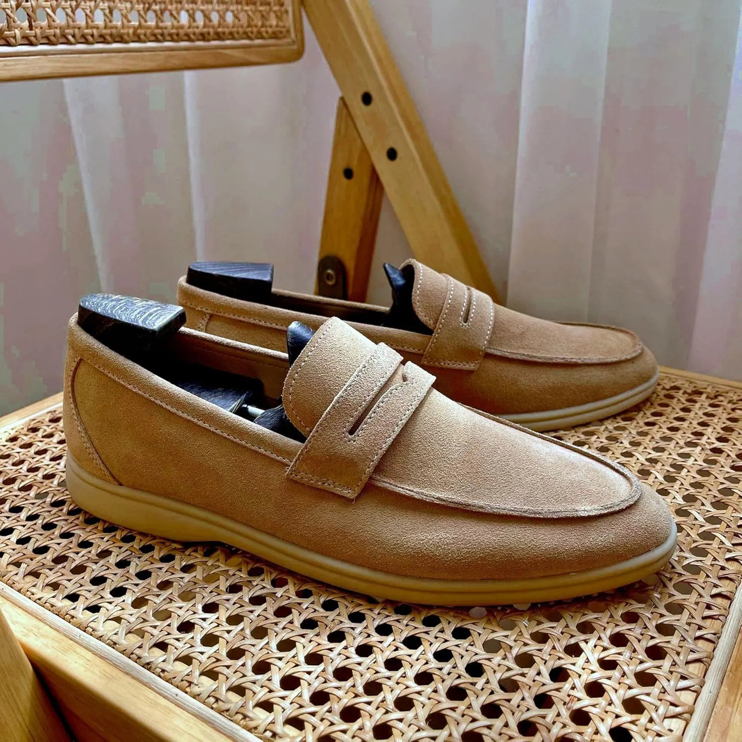 New Men's Loafers Shoes Suede Genuine Leather Apron Toe Penny Loafers Comfortable Flat Heel Flexible Casual Prom Slip-ons