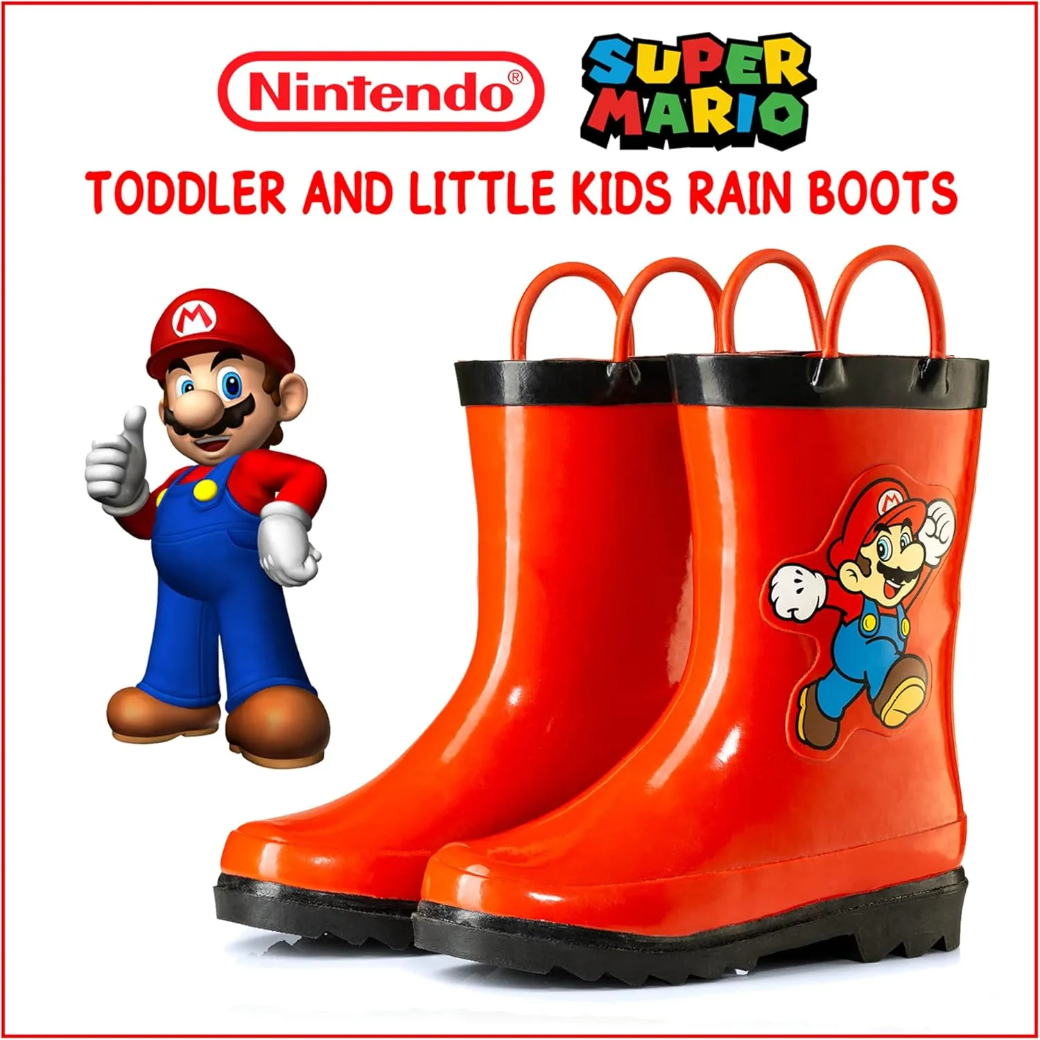 Nintendo Super Mario Boys' Waterproof Rubber Rain Boots with Easy-On Handles – Toddler, Little Kid & Big Kid Sizes
