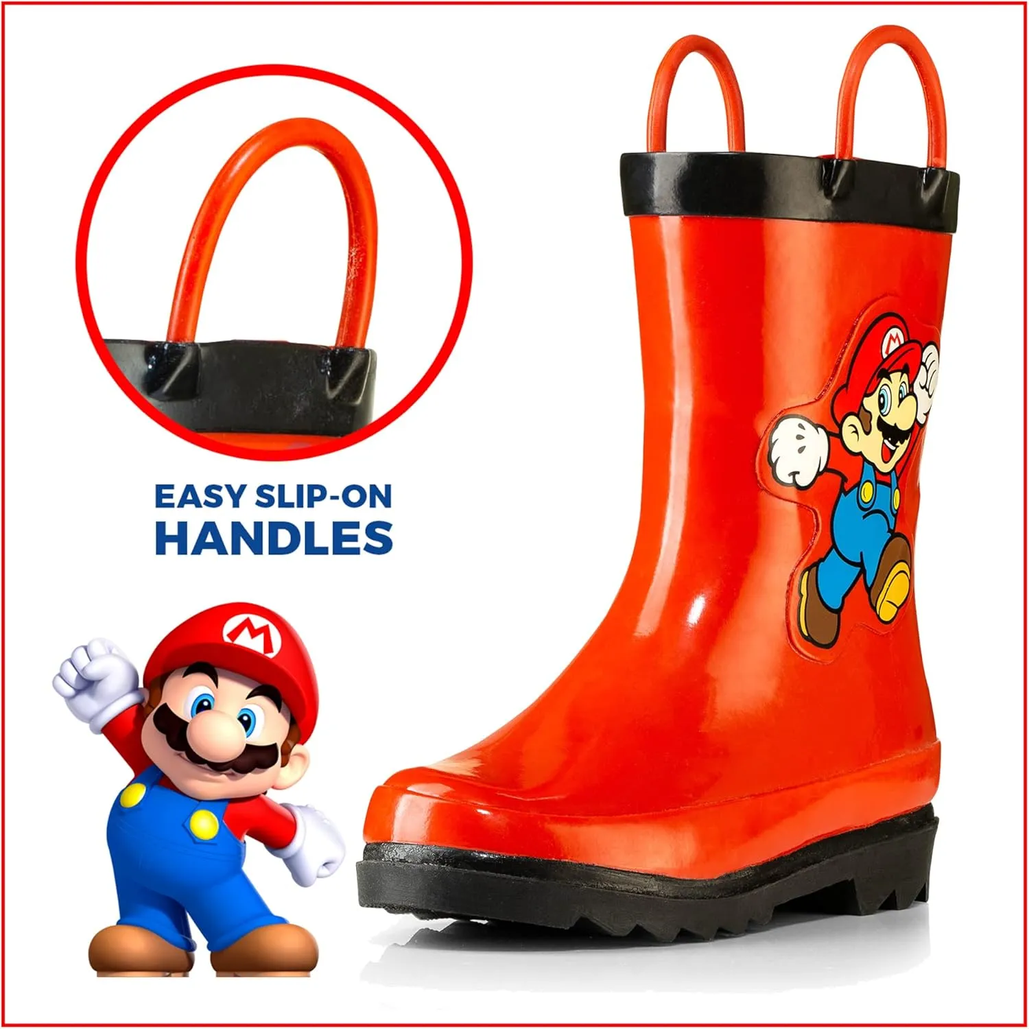 Nintendo Super Mario Boys' Waterproof Rubber Rain Boots with Easy-On Handles – Toddler, Little Kid & Big Kid Sizes