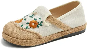 Nqpnrl Womens Flats Canvas Lightweight Sneakers Slip Ons Walking Casual Linen Retro Embroidery Travel Holiday Shoes