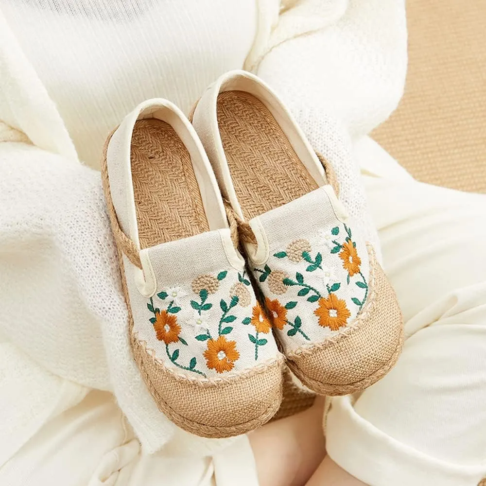Nqpnrl Womens Flats Canvas Lightweight Sneakers Slip Ons Walking Casual Linen Retro Embroidery Travel Holiday Shoes