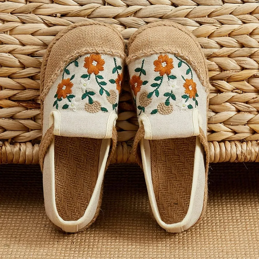 Nqpnrl Womens Flats Canvas Lightweight Sneakers Slip Ons Walking Casual Linen Retro Embroidery Travel Holiday Shoes