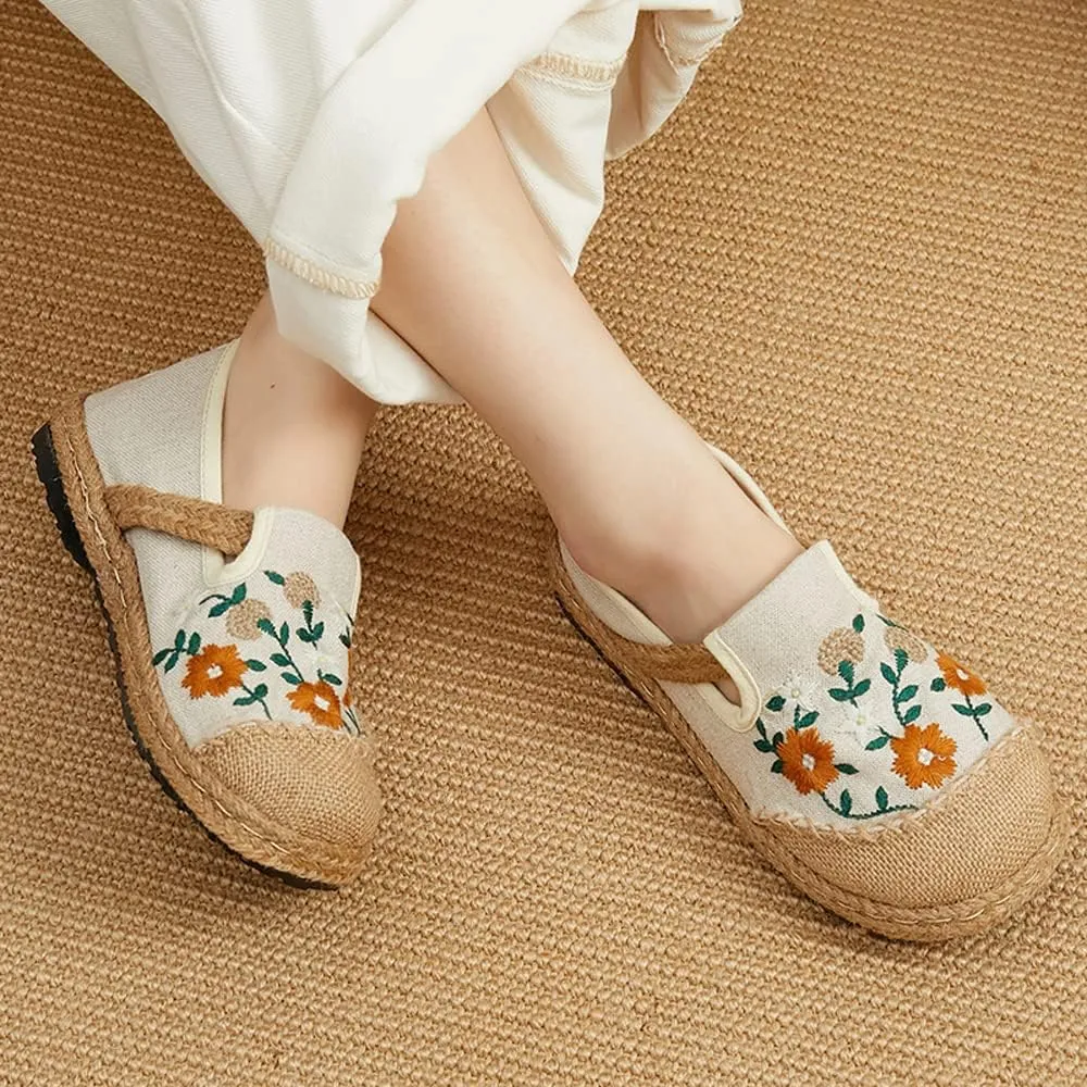 Nqpnrl Womens Flats Canvas Lightweight Sneakers Slip Ons Walking Casual Linen Retro Embroidery Travel Holiday Shoes