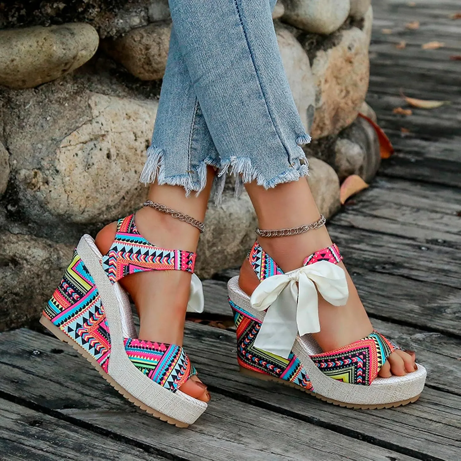 Platform Sandals for Women Elastic Ankle Strap Open Toe Flower Shoes Open Toe Flatform Wedge Casual Sandal