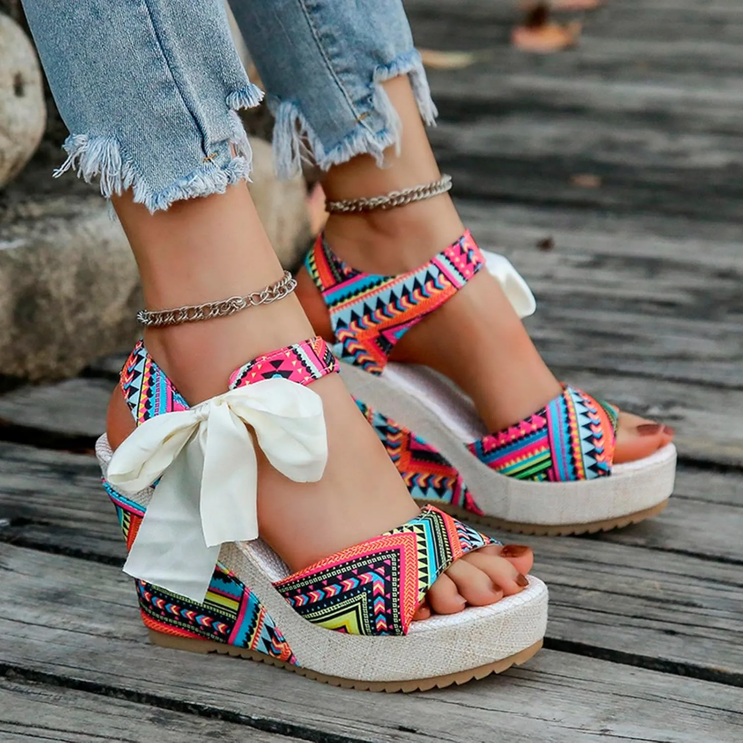 Platform Sandals for Women Elastic Ankle Strap Open Toe Flower Shoes Open Toe Flatform Wedge Casual Sandal