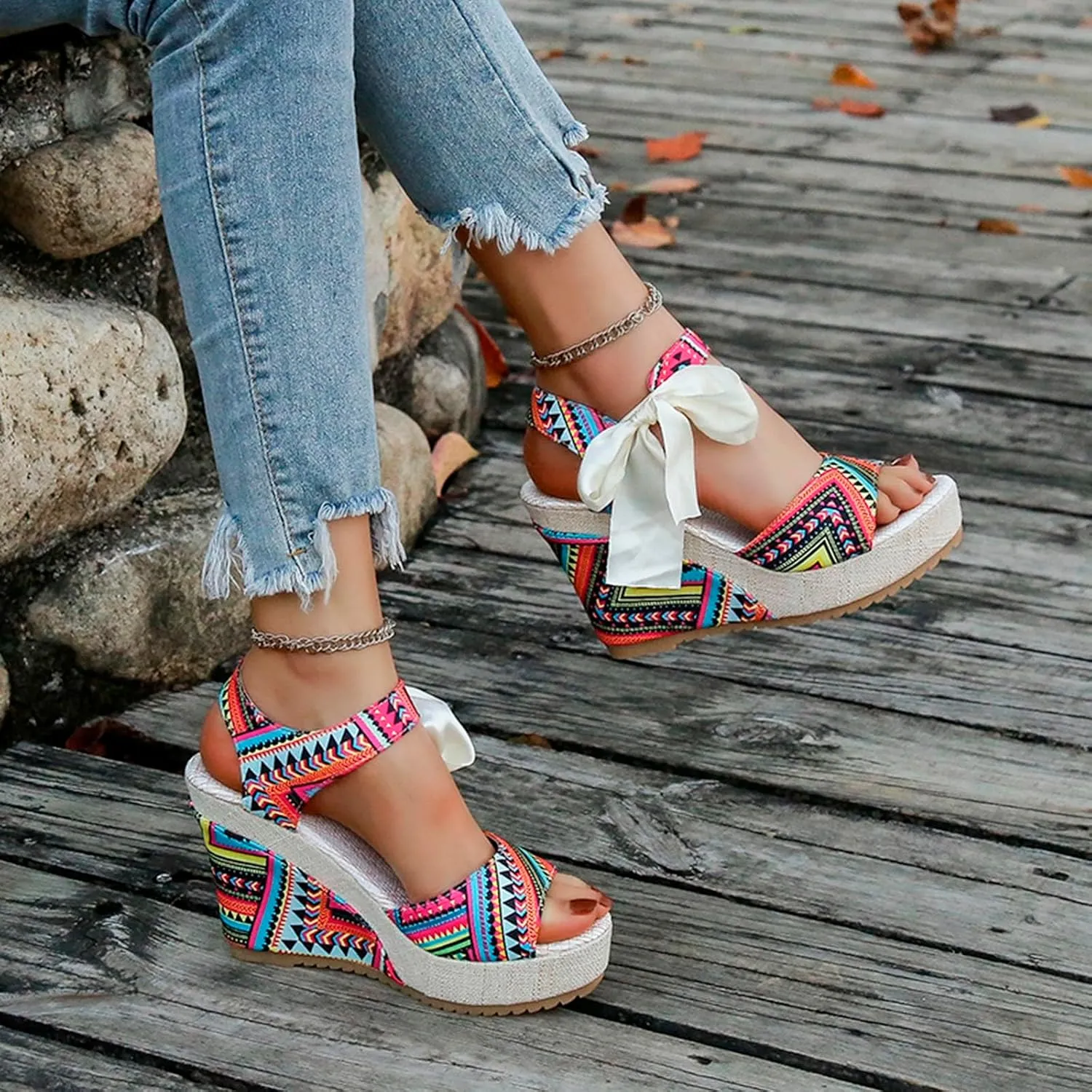 Platform Sandals for Women Elastic Ankle Strap Open Toe Flower Shoes Open Toe Flatform Wedge Casual Sandal