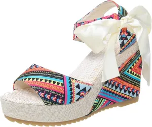 Platform Sandals for Women Elastic Ankle Strap Open Toe Flower Shoes Open Toe Flatform Wedge Casual Sandal