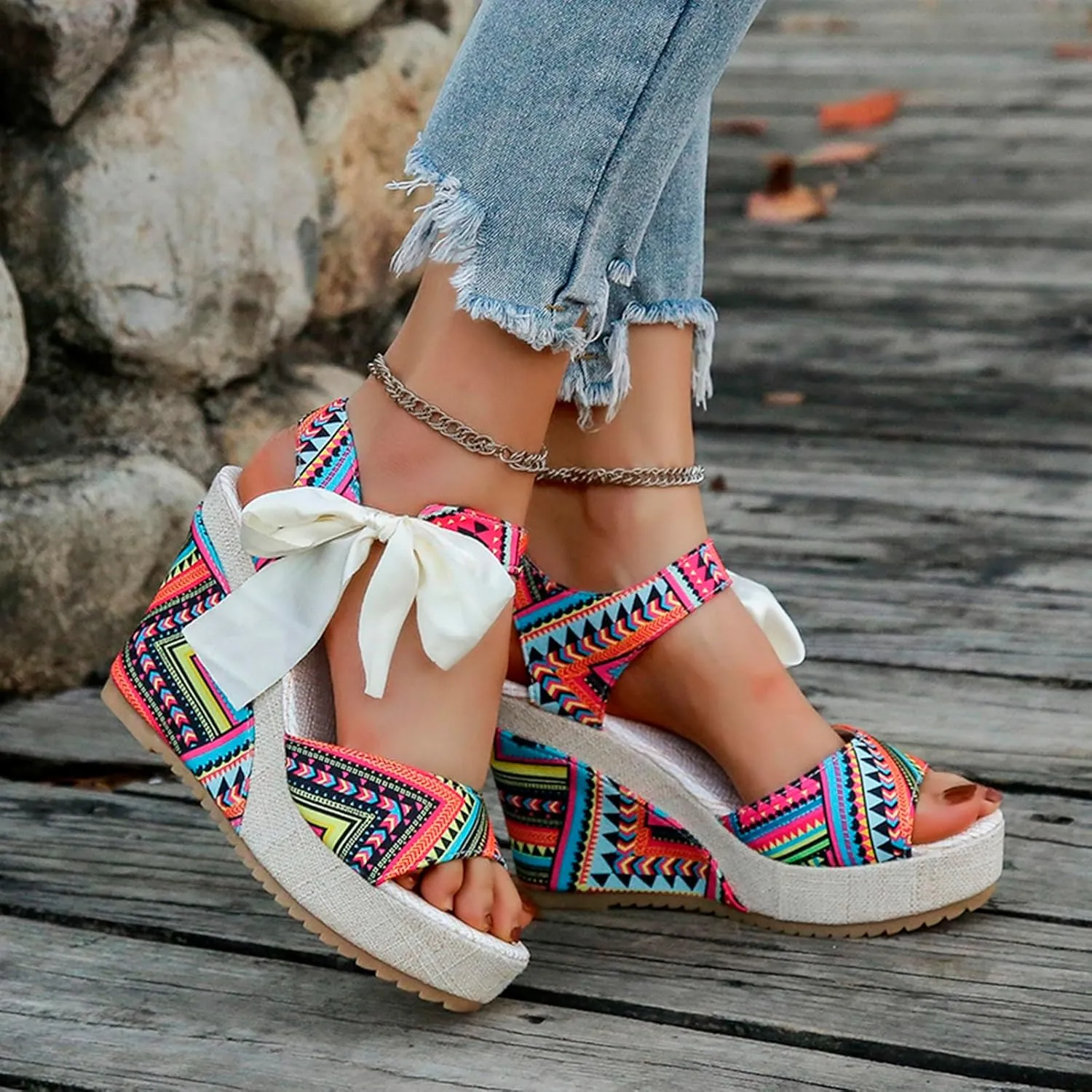 Platform Sandals for Women Elastic Ankle Strap Open Toe Flower Shoes Open Toe Flatform Wedge Casual Sandal